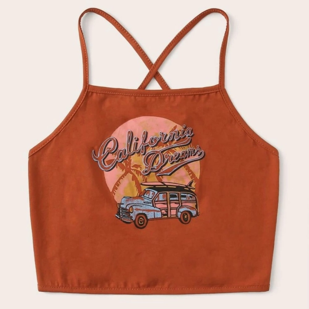 Graphic Car Lace Up Cami Top